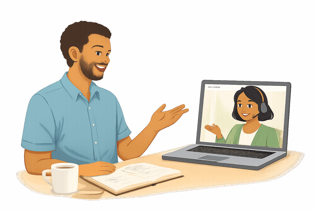 Adult gaining confidence speaking English or Spanish with online tutoring