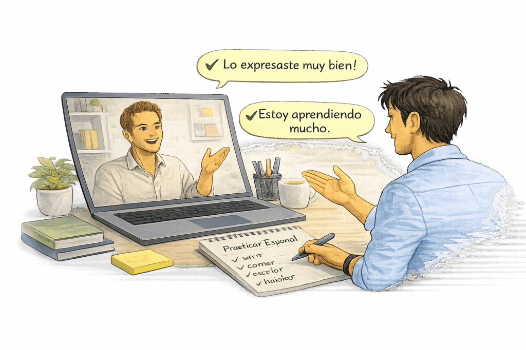 Supportive Spanish tutoring session helping adults gain speaking confidence