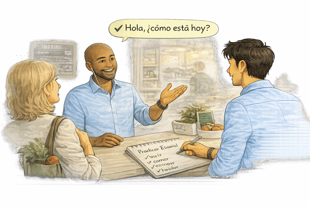 Adult confidently using Spanish in everyday community interactions