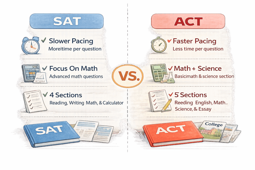 Comparación entre SAT y ACT mostrando diferencias en ritmo y estilo de preguntas