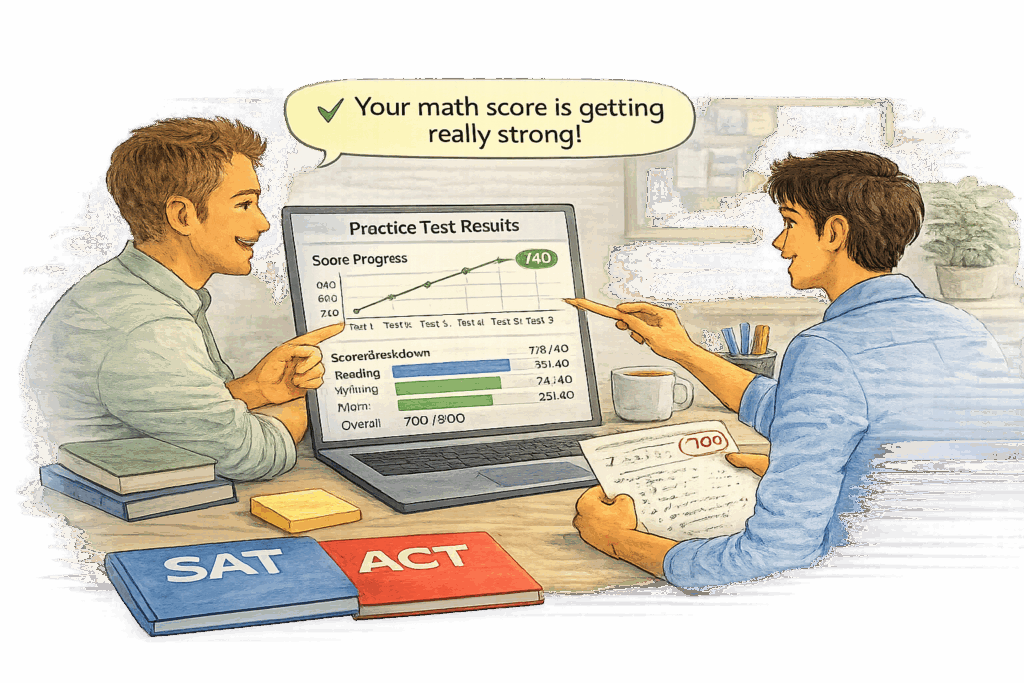 Tutor ayudando a un estudiante a decidir entre SAT y ACT usando resultados de exámenes de práctica