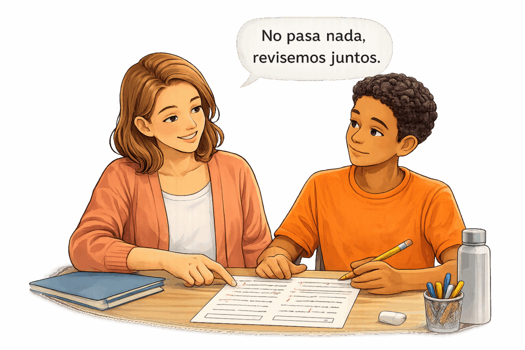 Tutor ayudando a un estudiante a manejar la ansiedad con práctica guiada
