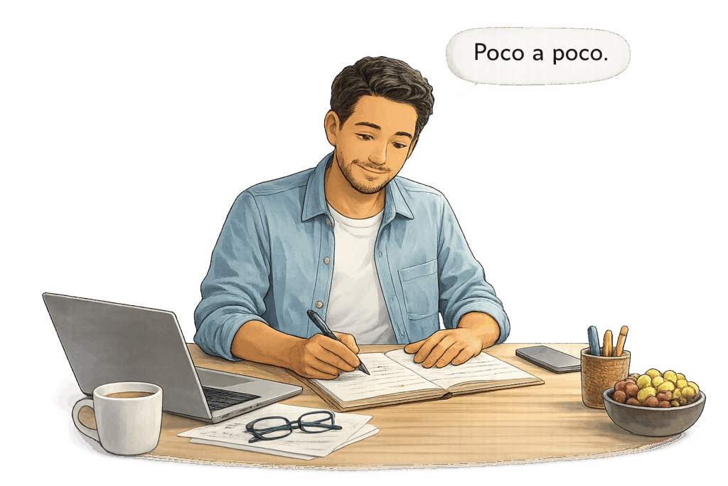 Adult in the Columbia Gorge practicing Spanish at home with a notebook and laptop