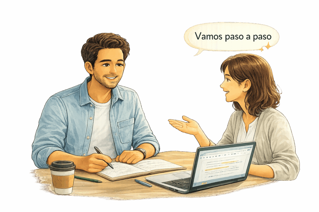 Adult Spanish learner and tutor sitting together at a table, reviewing notes in a calm, supportive learning environment.