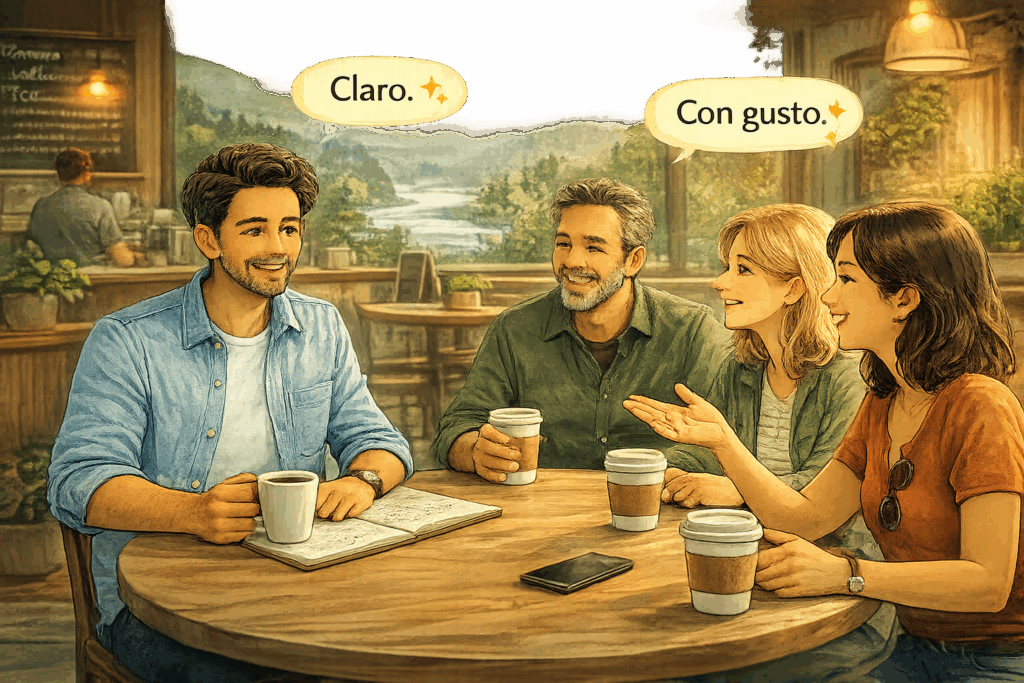 Small group of adults having a relaxed conversation in Spanish in a casual community setting, smiling and interacting comfortably.