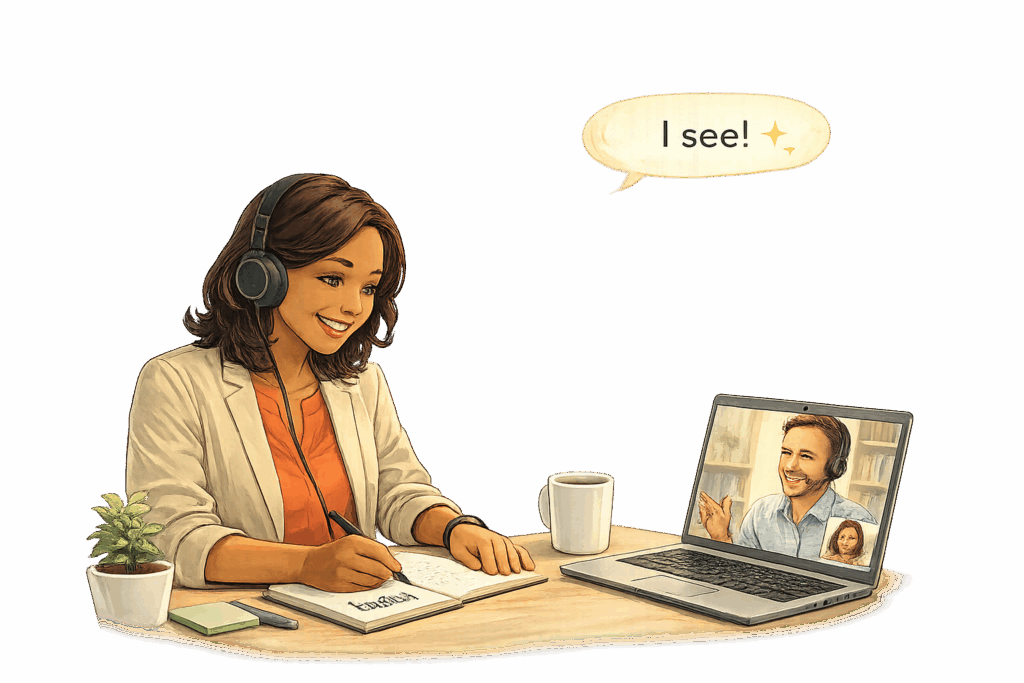 Tutoría de inglés en línea ayudando a adultos a mejorar la comunicación en el trabajo