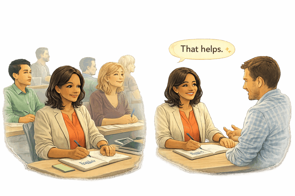 Comparación entre clases tradicionales de inglés y tutoría personalizada para adultos