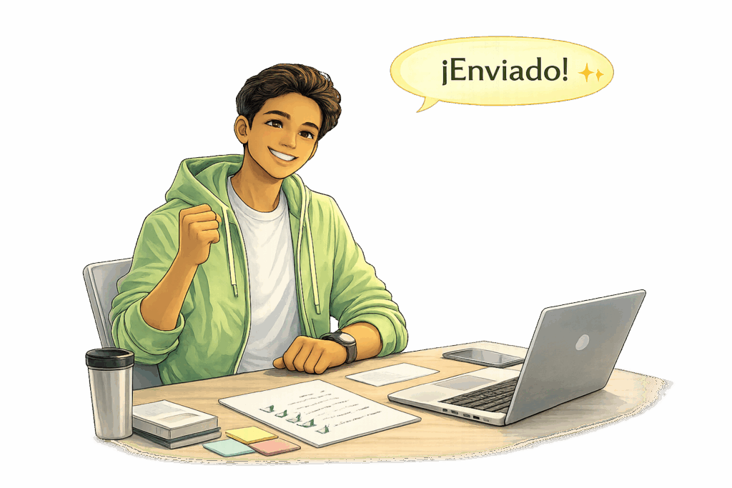 Estudiante con confianza después de completar pasos de solicitud universitaria