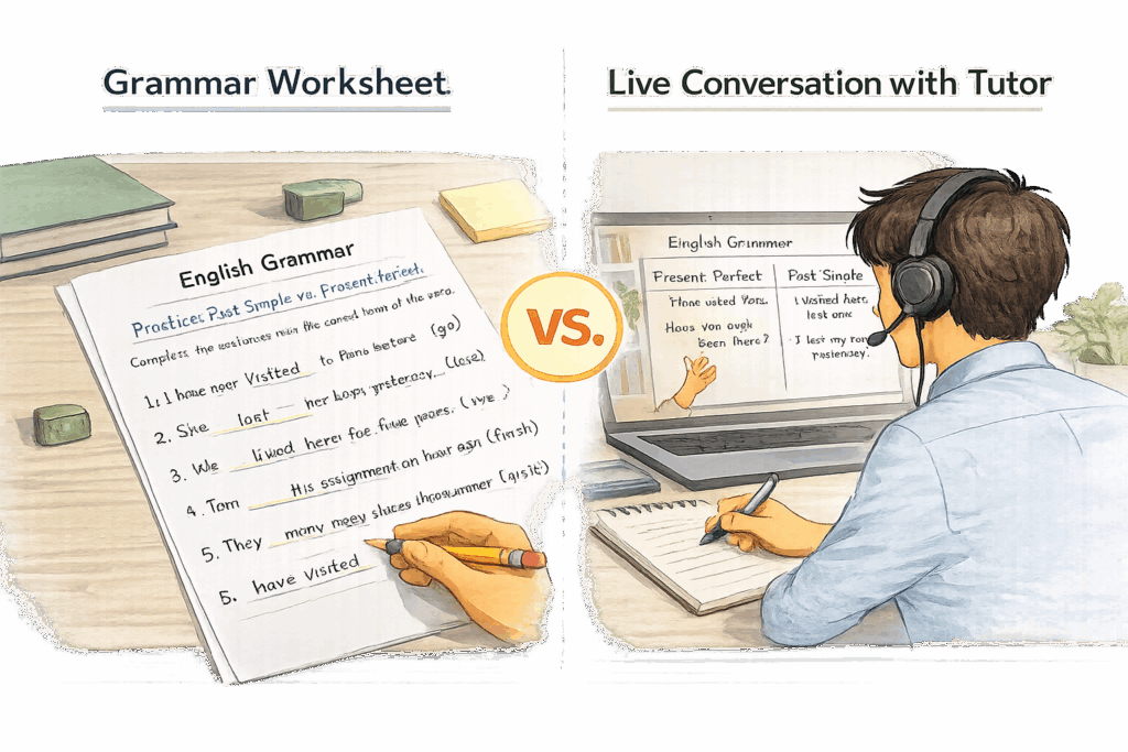 Practical English conversation tutoring compared to traditional worksheets