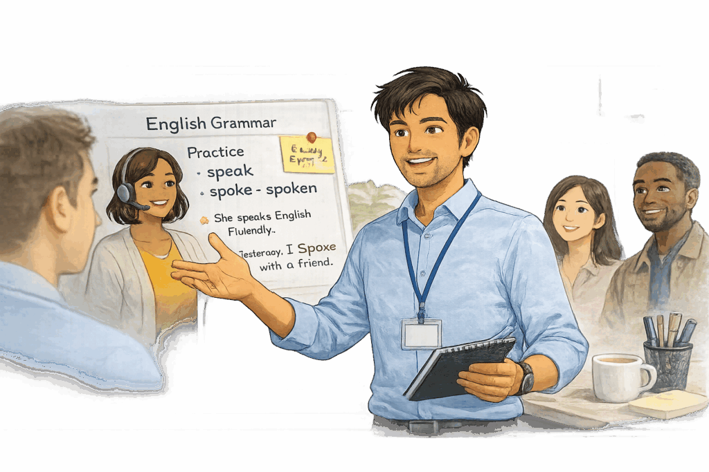 Adult using improved English skills confidently at work