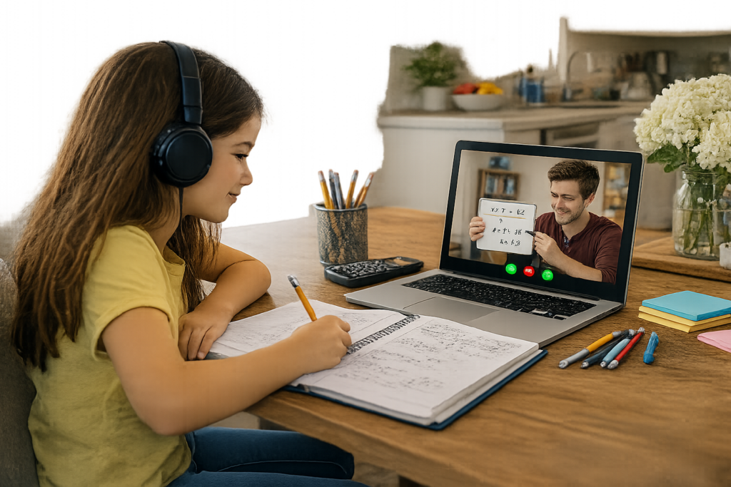 Student attending an online math tutoring session from home in The Dalles.