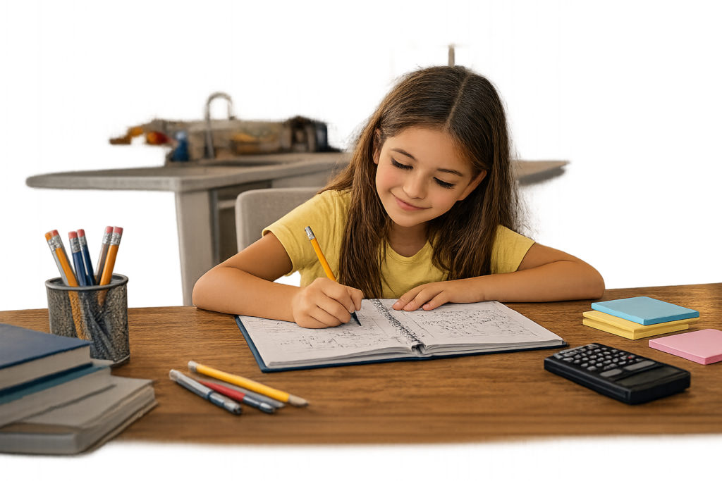 Student confidently completing math homework after tutoring support.