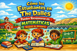 Estudiante latino sonriendo mientras termina su tarea de matemáticas de forma independiente en un escritorio con cuaderno y laptop.