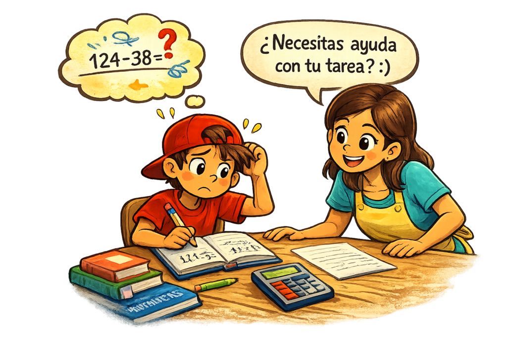 Estudiante en The Dalles batallando con tarea de matemáticas en casa mientras su padre ofrece apoyo