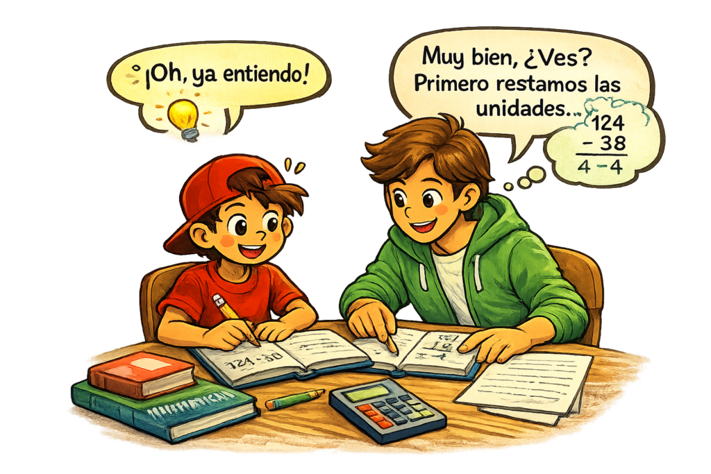 Tutor ayudando a estudiante a entender matemáticas durante sesión de tutoría en el Columbia Gorge