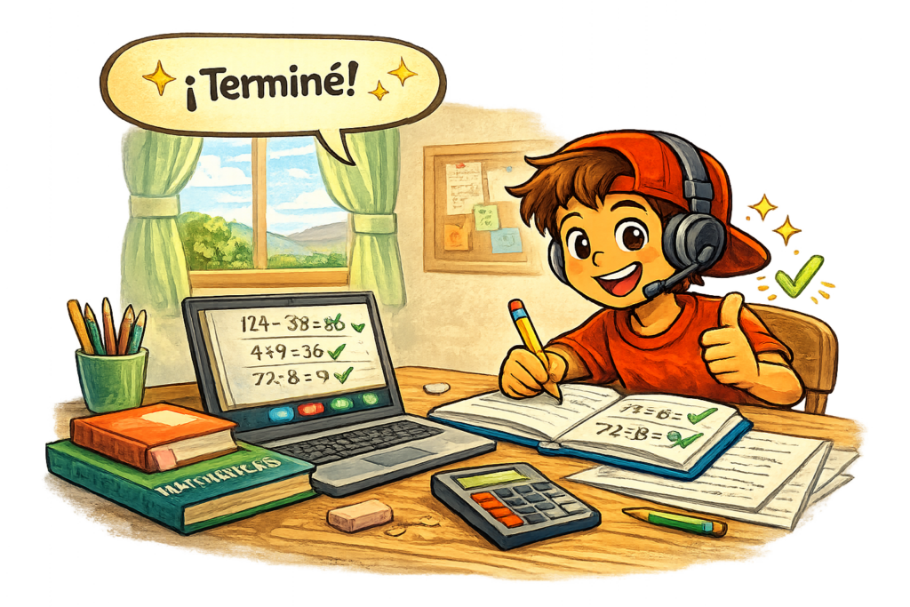Estudiante completando tarea de matemáticas con confianza después de recibir apoyo de tutoría
