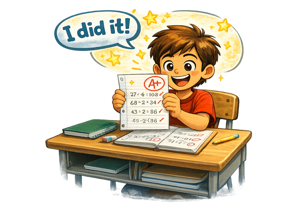Student feeling confident after completing math work successfully.