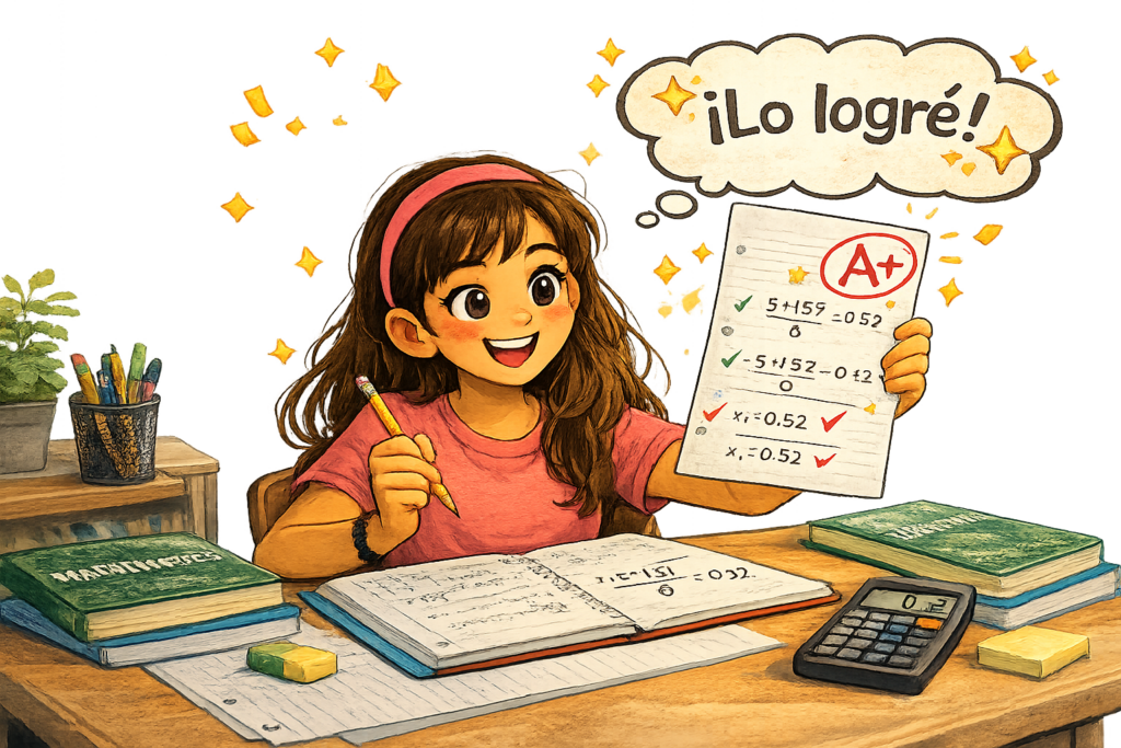 Estudiante sintiéndose confiado después de completar su trabajo de matemáticas.
