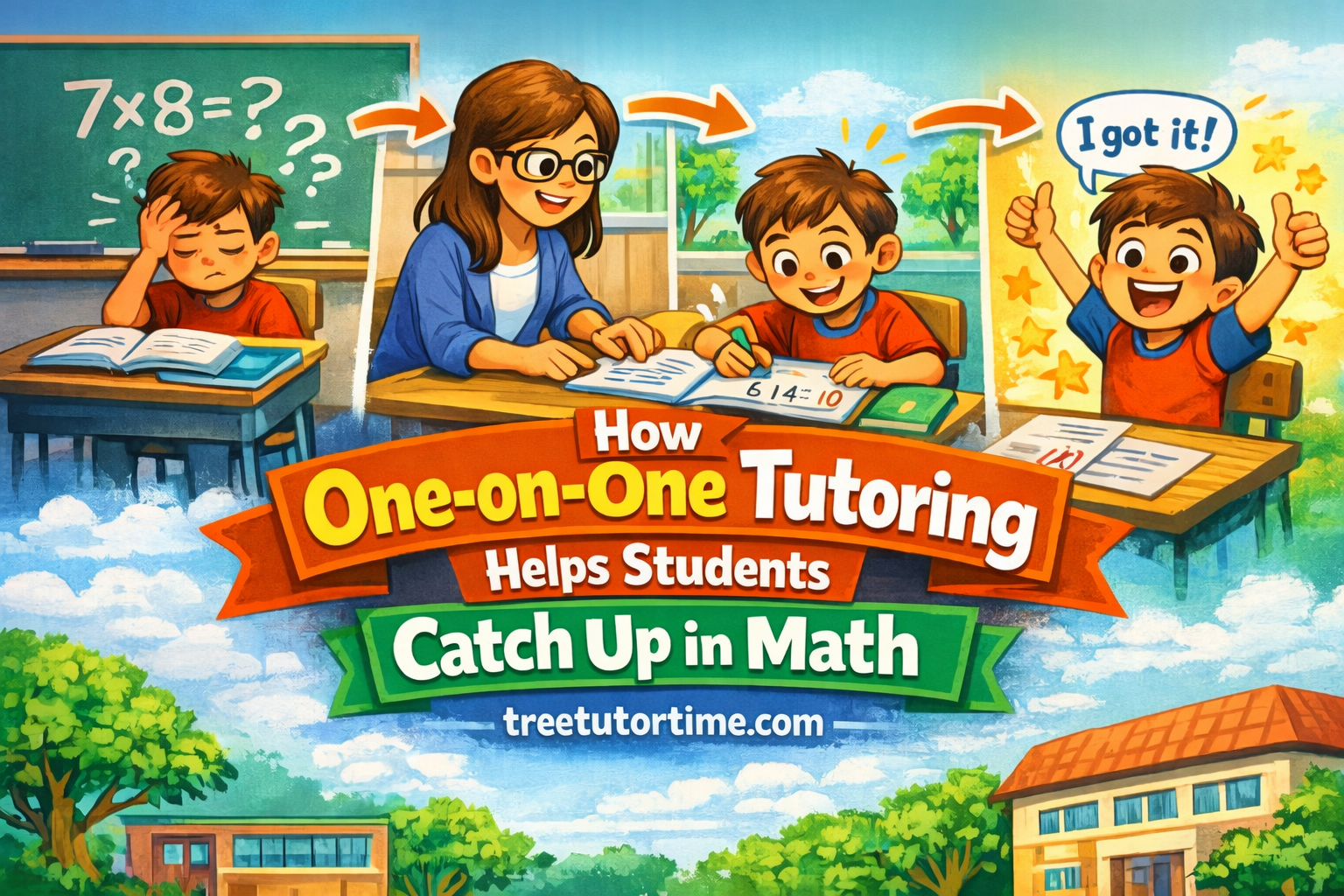 Cartoon illustration of a high school Latino student receiving one-on-one math tutoring at a table while a tutor explains a multiplication problem, showing personalized academic support and math confidence building.