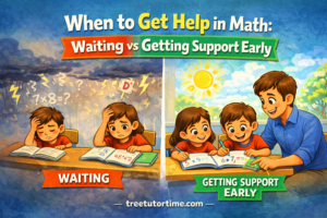 “Cartoon illustration of students struggling with math on one side and receiving tutoring support on the other in The Dalles, Oregon, highlighting early math intervention and one-on-one tutoring.”