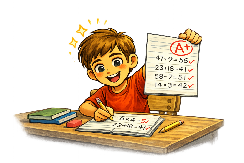Student feeling confident after completing math work.