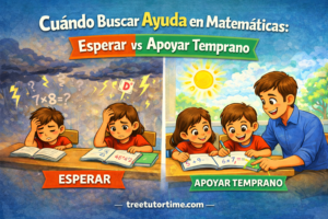 Ilustración de estudiantes recibiendo apoyo en matemáticas en The Dalles, Oregon, comparando esperar para recibir ayuda con tutoría temprana en un ambiente de aprendizaje positivo.
