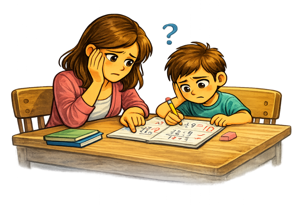 Padre ayudando a un estudiante con la tarea de matemáticas en The Dalles.