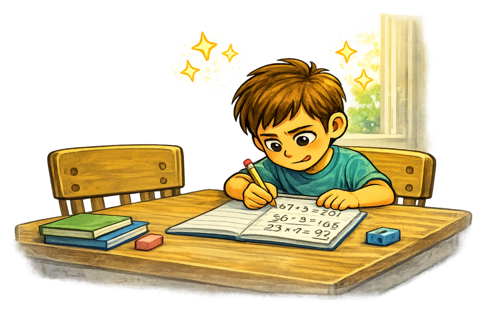 Estudiante practicando matemáticas de manera independiente después de la tutoría.