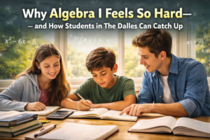 “High school students studying Algebra I in The Dalles, Oregon, working through equations and variables with academic support to build math confidence.”