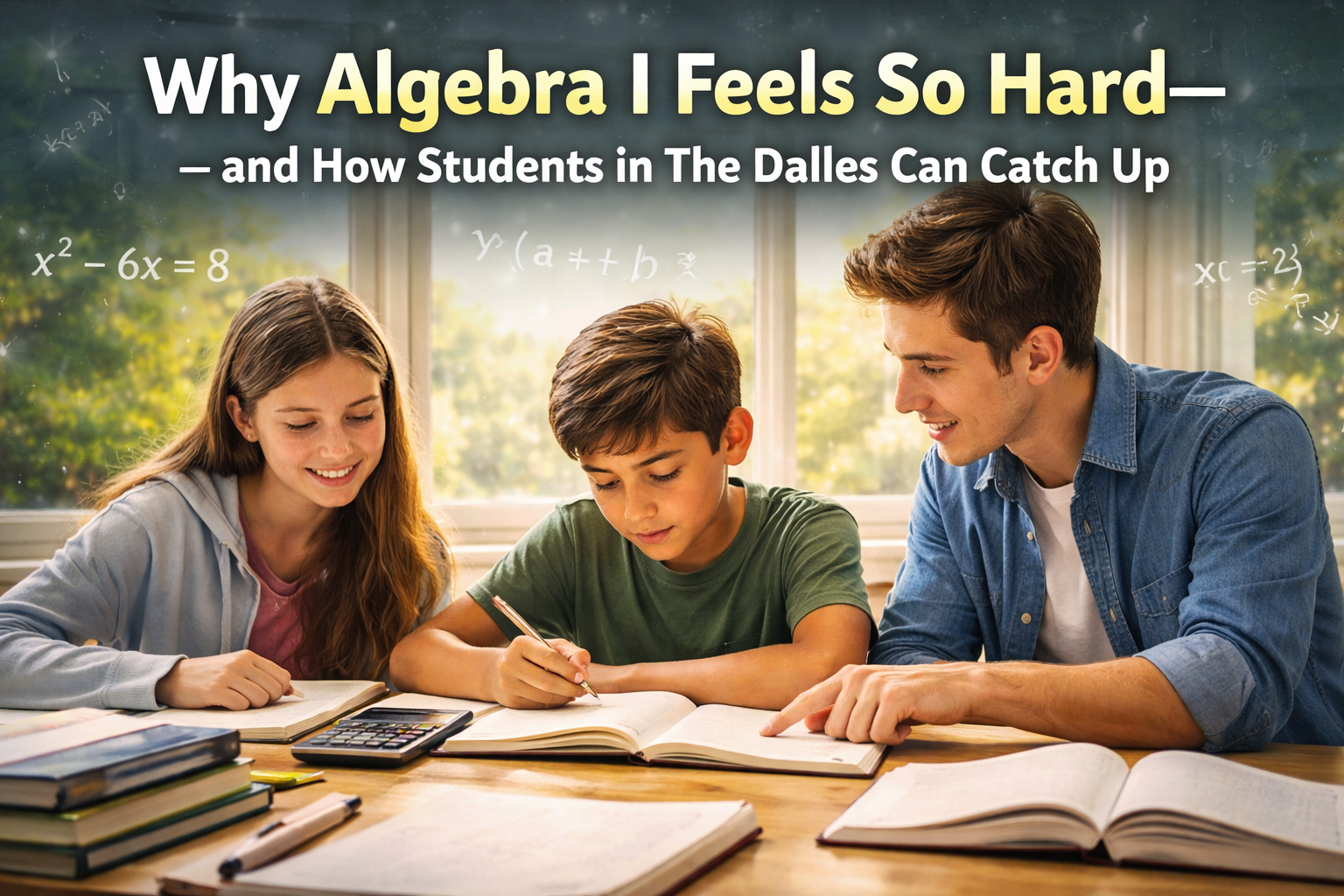 “High school students studying Algebra I in The Dalles, Oregon, working through equations and variables with academic support to build math confidence.”