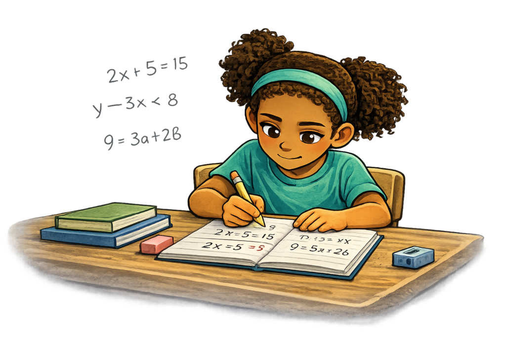 Student practicing Algebra I equations independently after tutoring support.