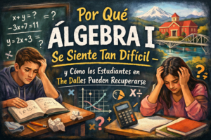 Ilustración de estudiantes de secundaria en The Dalles, Oregon, frustrados con problemas de Álgebra I, mostrando los desafíos comunes en matemáticas y la necesidad de apoyo académico en el Columbia Gorge.