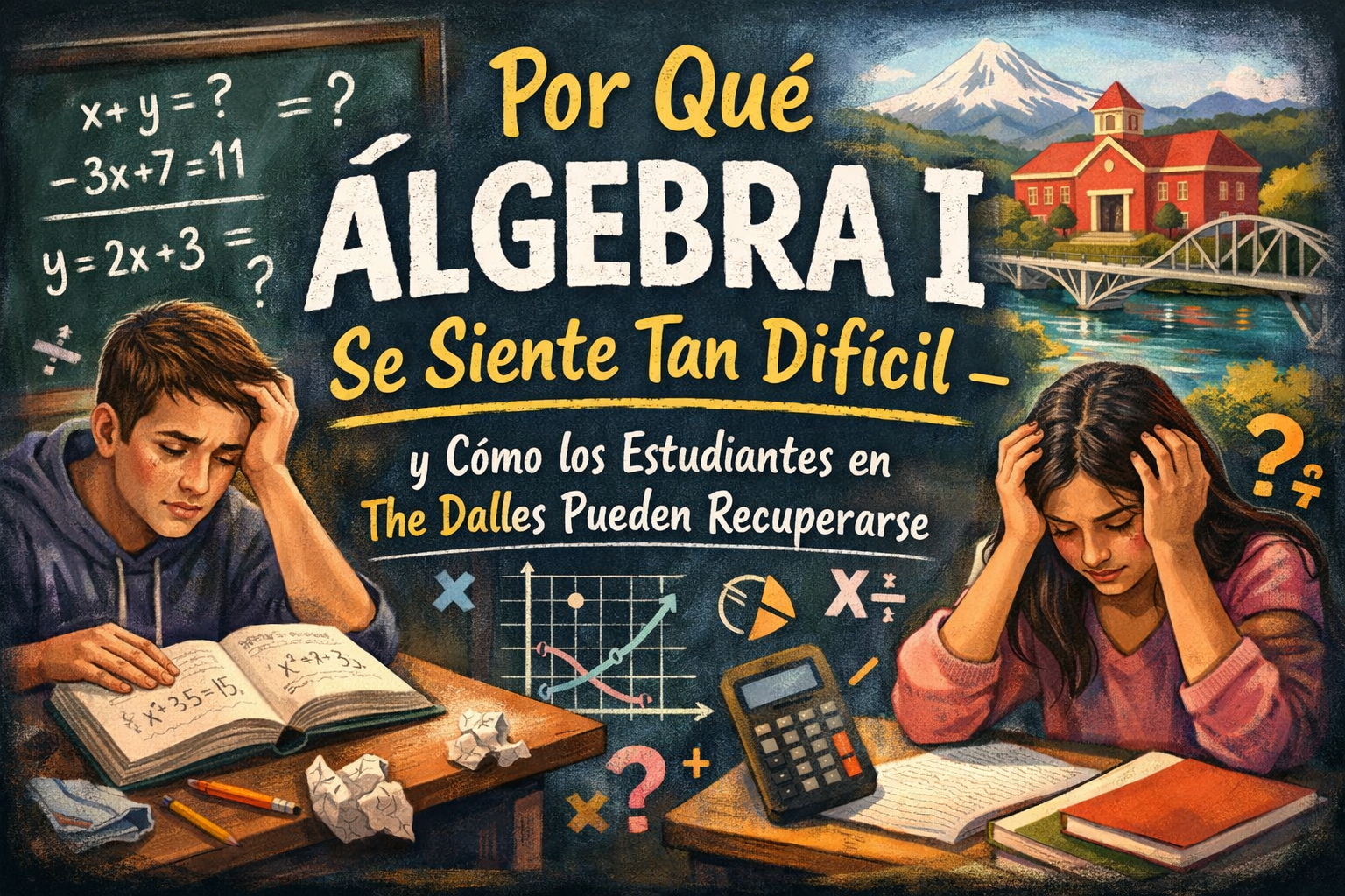 Ilustración de estudiantes de secundaria en The Dalles, Oregon, frustrados con problemas de Álgebra I, mostrando los desafíos comunes en matemáticas y la necesidad de apoyo académico en el Columbia Gorge.