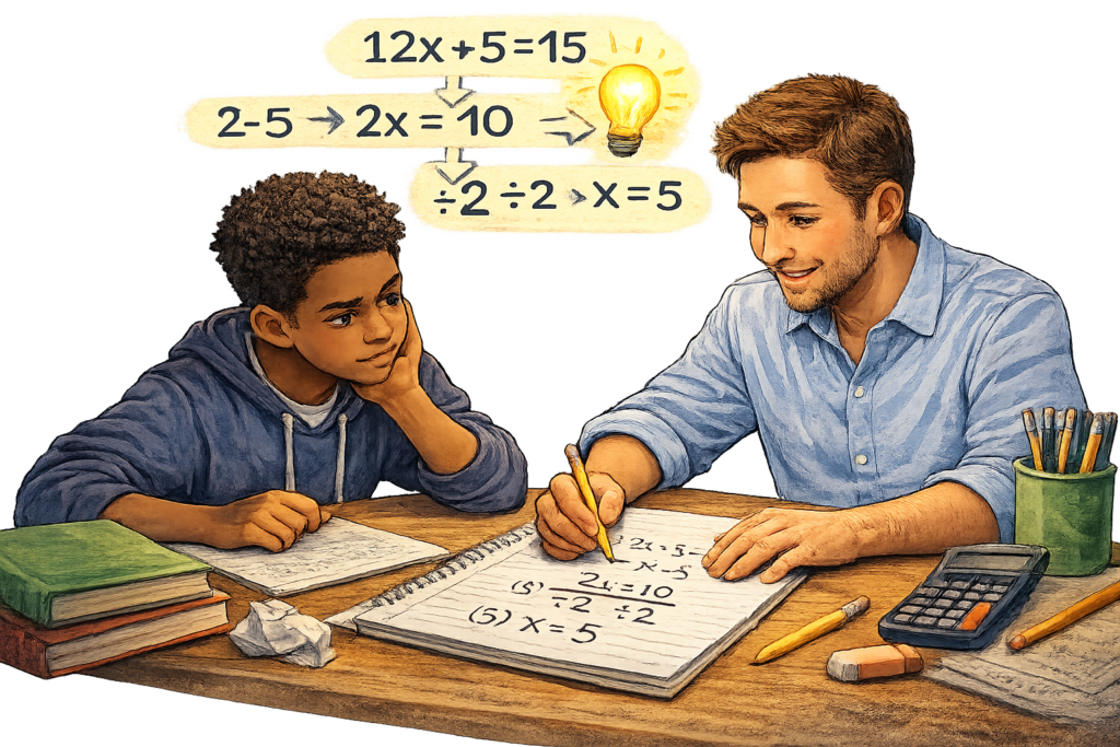 Sesión de tutoría de álgebra ayudando a una estudiante a entender cómo resolver ecuaciones.