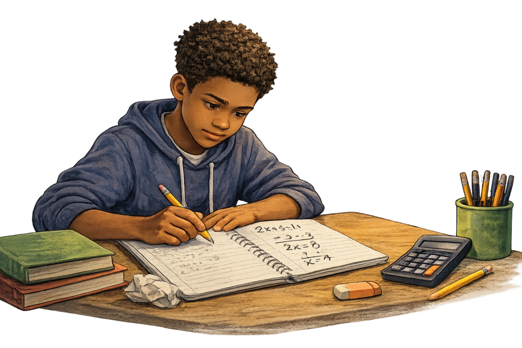 Estudiante practicando ecuaciones de Álgebra I de manera independiente después de recibir tutoría.