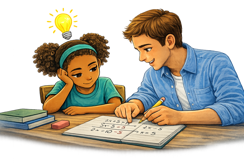 Algebra tutoring session helping a student understand how to solve equations.
