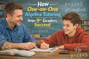 Illustration of 9th grade student in The Dalles, OR working with an algebra tutor on step-by-step equation solving during personalized math tutoring session.