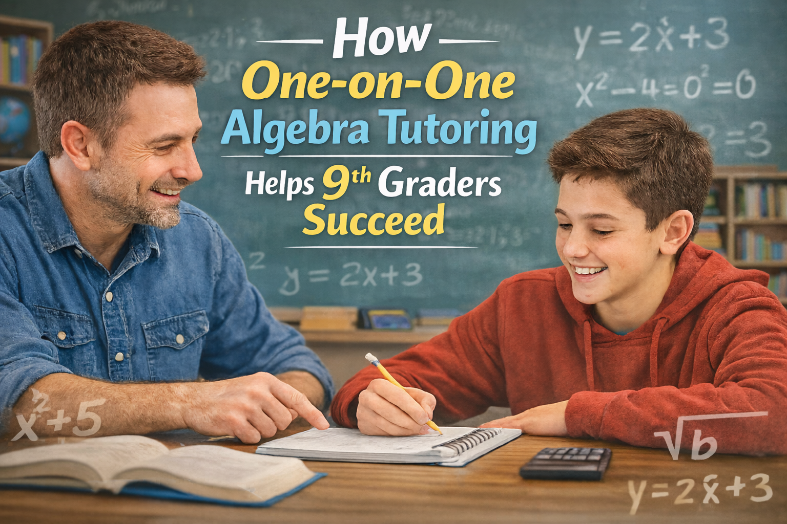 Illustration of 9th grade student in The Dalles, OR working with an algebra tutor on step-by-step equation solving during personalized math tutoring session.