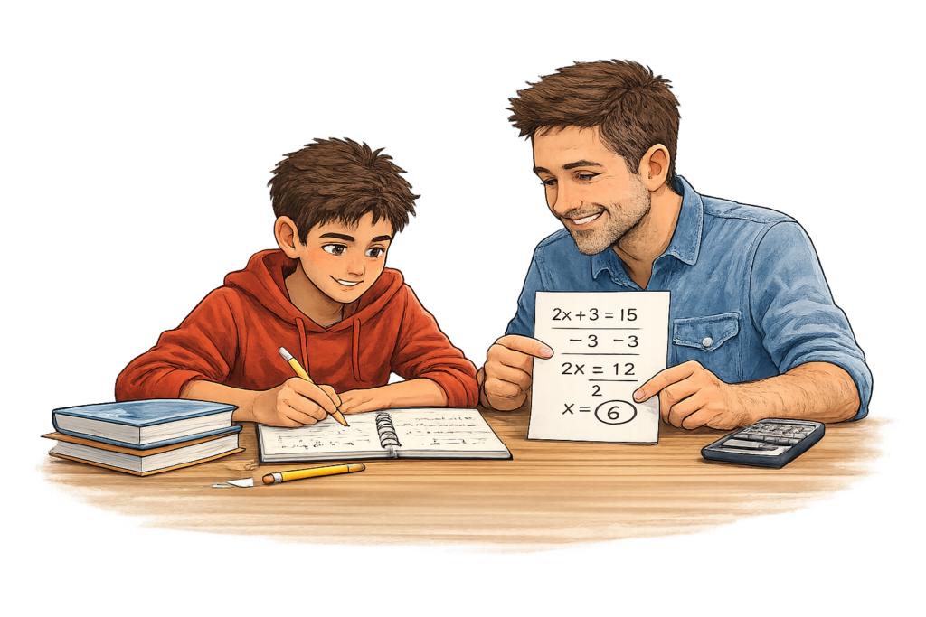 Algebra tutoring session helping a 9th grade student understand equations.