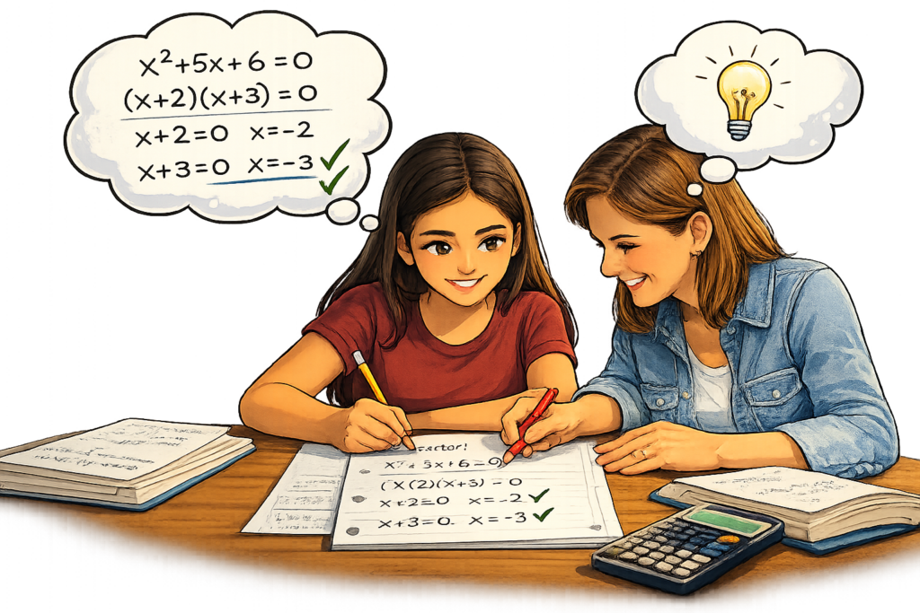 Sesión de tutoría de álgebra ayudando a una estudiante de 9º grado a entender ecuaciones.