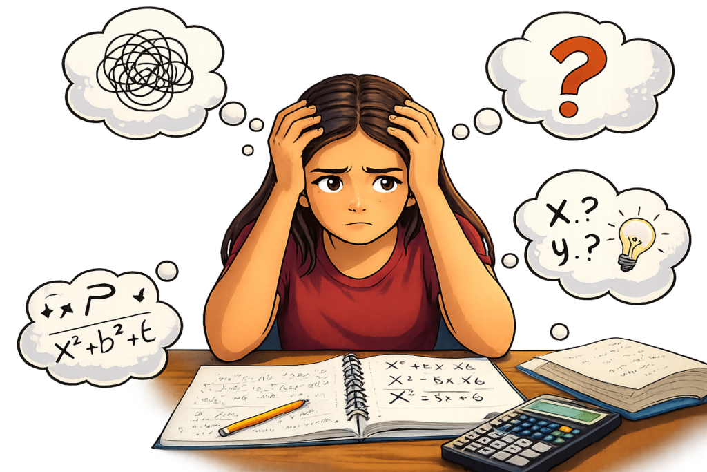 Estudiante de 9º grado en The Dalles sintiéndose abrumada con la tarea de Álgebra I.