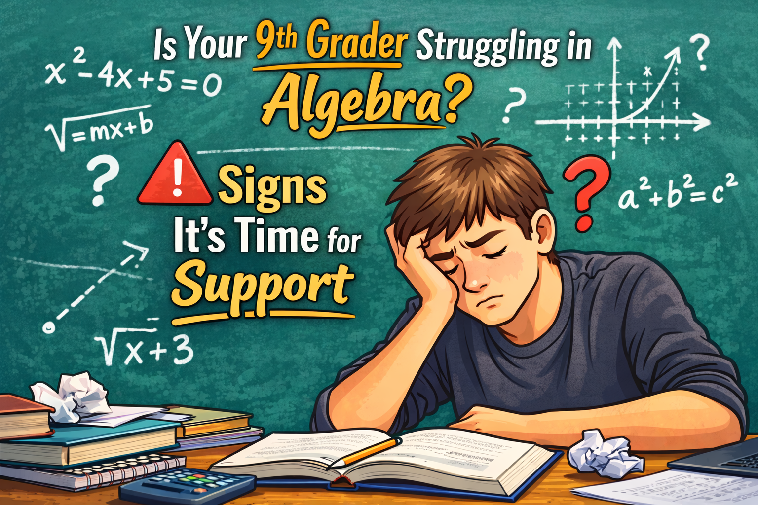 Cartoon illustration of a 9th grade student in a classroom thoughtfully working on an algebra worksheet with math thought bubbles, representing students who may need Algebra I tutoring in The Dalles, OR and the Columbia Gorge area.