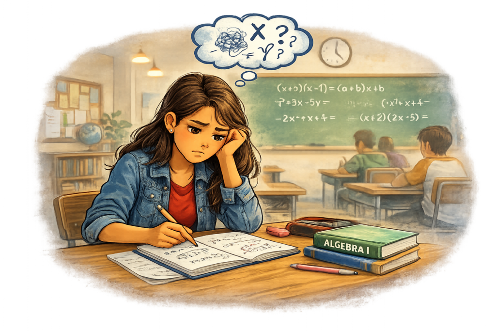 Ilustración de una estudiante mexicana de 9º grado preocupada durante clase de Álgebra I, representando a estudiantes en The Dalles y Columbia Gorge que pueden necesitar tutoría personalizada.
