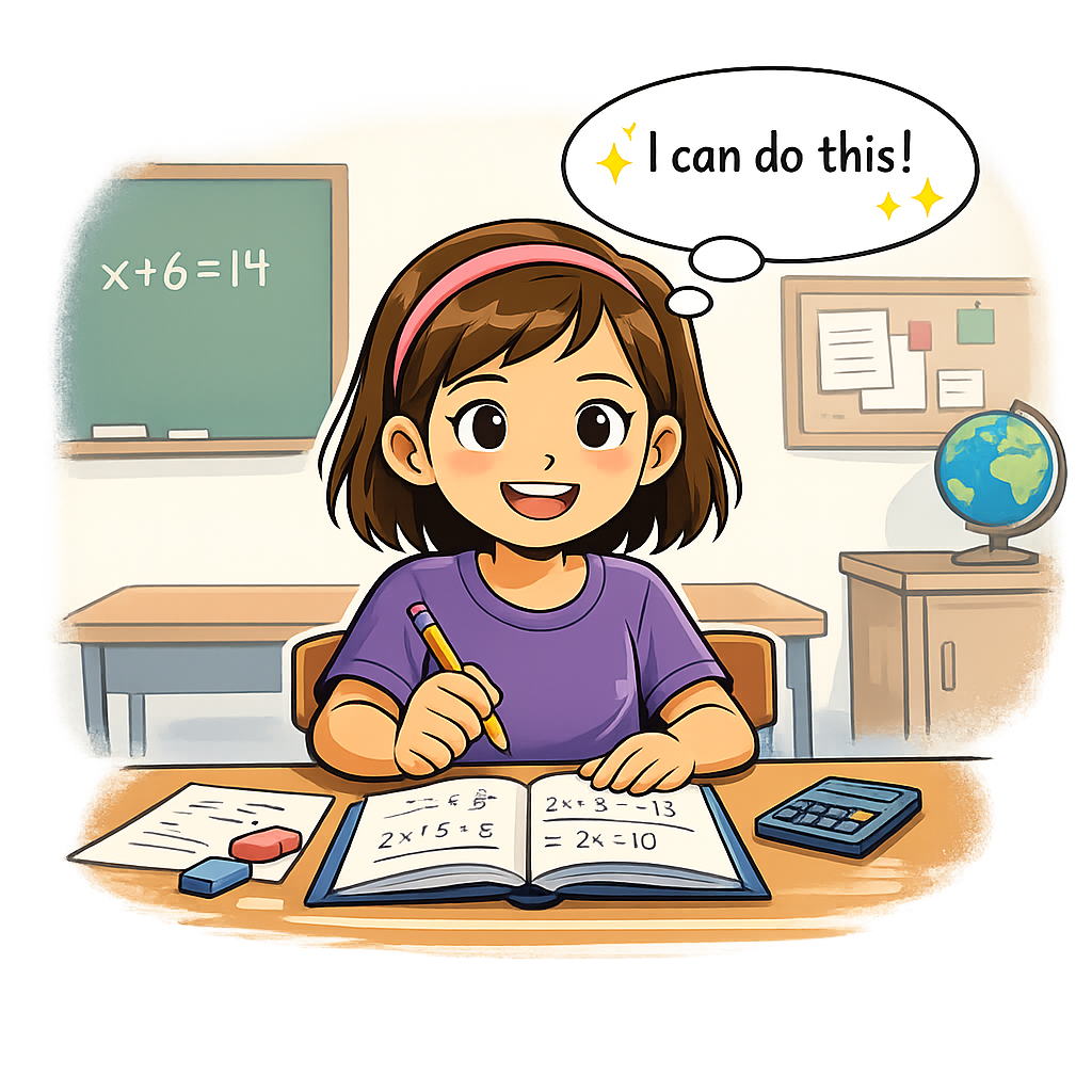 Student in The Dalles gaining confidence with math tutoring, smiling at a notebook and saying “I can do this!”
