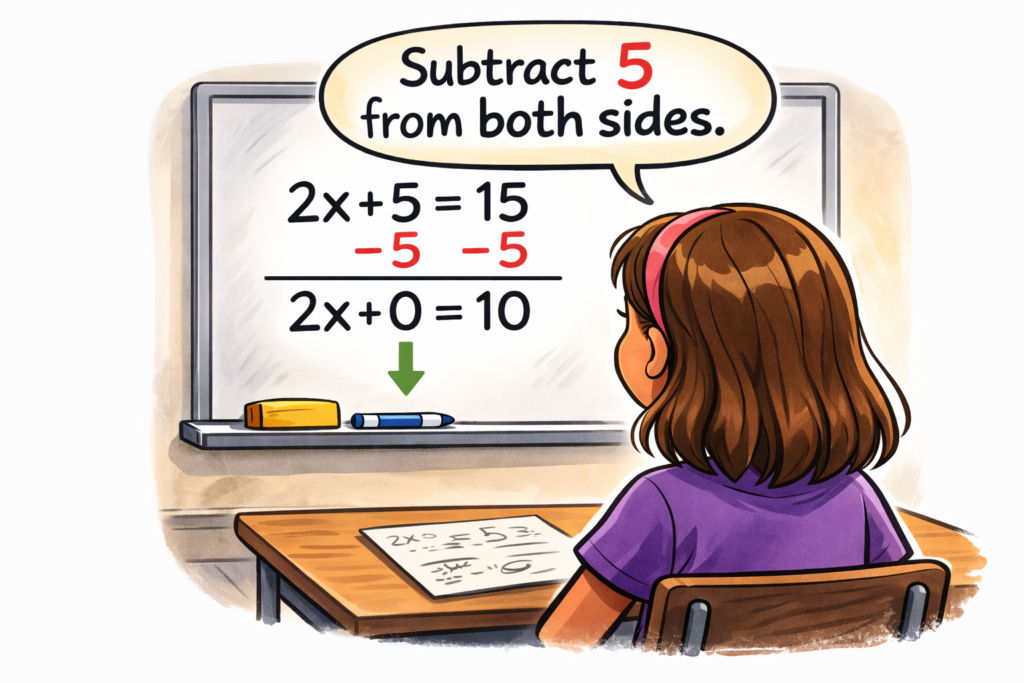 Algebra tutoring in The Dalles showing how to subtract 5 from both sides of 2x + 5 = 15 to get 2x = 10
