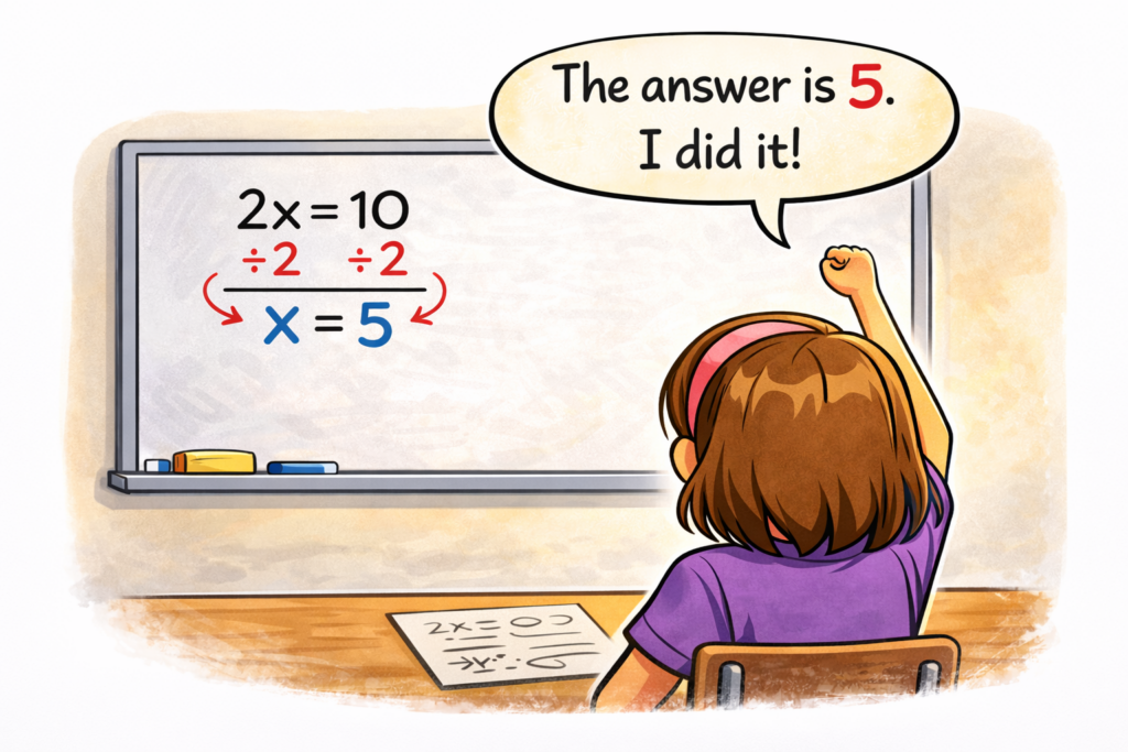 Student in The Dalles celebrating solving an algebra equation with tutoring support, final answer x = 5