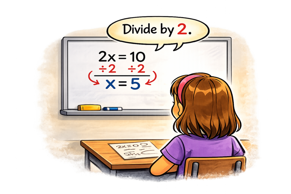 Math tutoring in The Dalles teaching how to divide both sides of 2x = 10 by 2 to solve for x