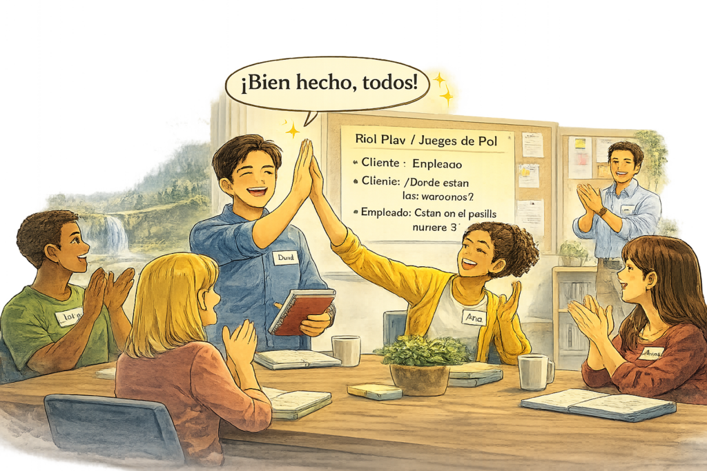 Adult using conversational Spanish confidently in daily life