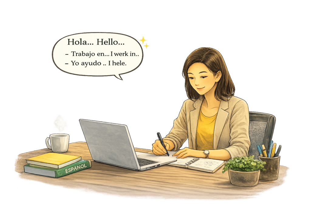 Adulto profesional en el Columbia Gorge practicando inglés para el trabajo