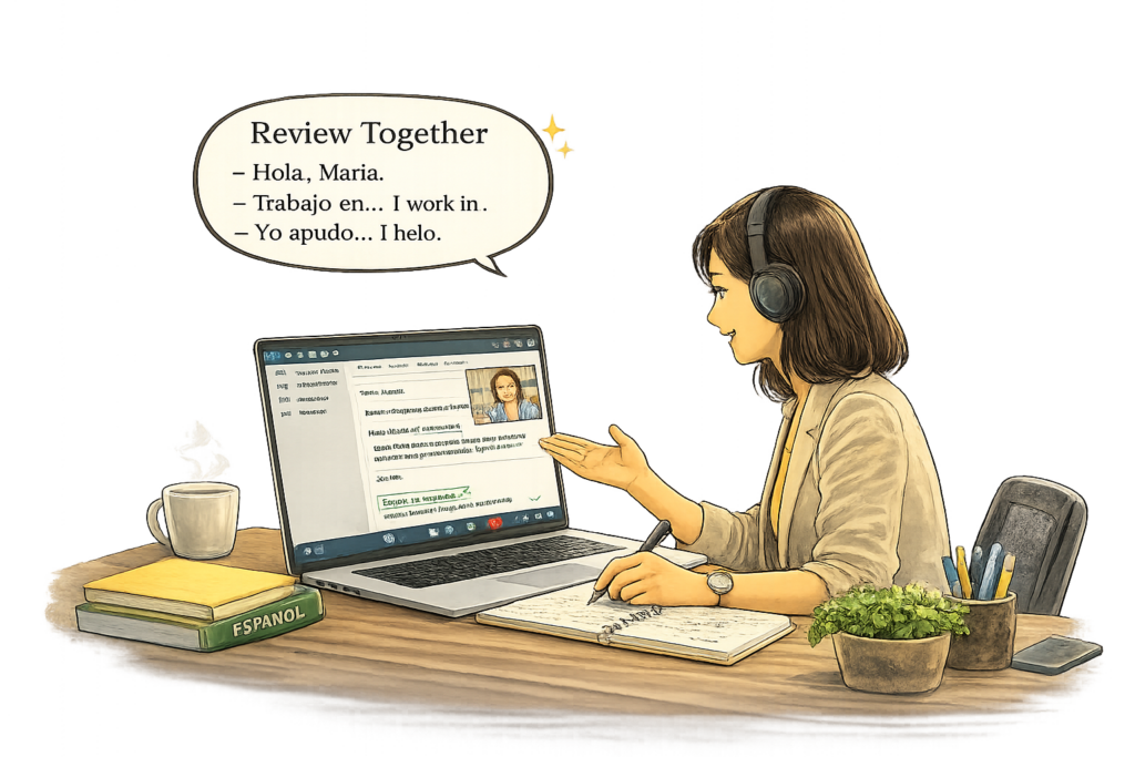 Online Spanish tutoring session focused on workplace communication
